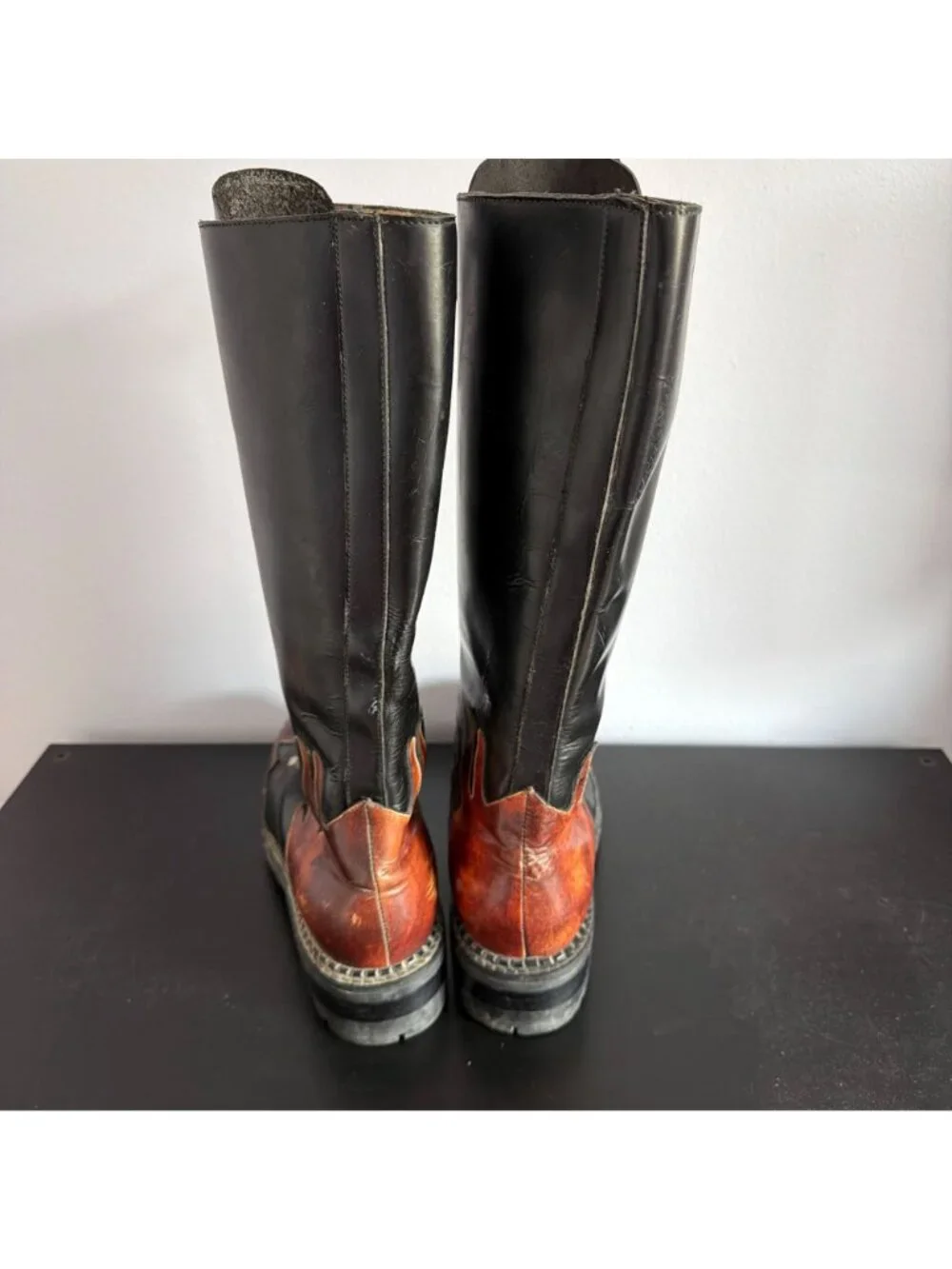 Vintage 90s Smack Leather Lace Up Boots Mens Size 10 Flame Patchwork Moto Goth